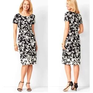 EUC Talbots Floral Bateau-Neck Sheath Midi Dress Sz 6 Black & White Dressy Work